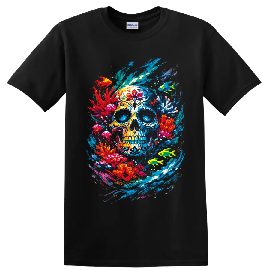 Colorful Day of the Dead-inspired skull with tropical fish, jellyfish, and ocean on a Black T Shirt