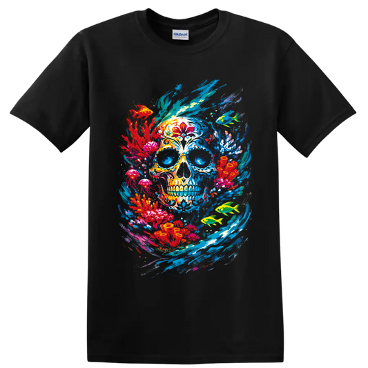 Colorful Day of the Dead-inspired skull with tropical fish, jellyfish, and ocean on a Black T Shirt