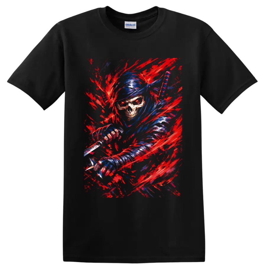 Blue-hooded skull warrior wielding a sword amid red brushstroke fantasy art on a Black T Shirt