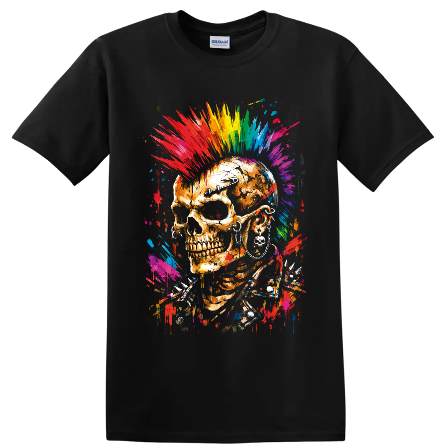 Punk rock skull with rainbow graffiti mohawk, dark eyewear, earrings, and spikes on a Black T Shirt