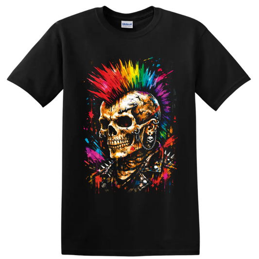 Punk rock skull with rainbow graffiti mohawk, dark eyewear, earrings, and spikes on a Black T Shirt