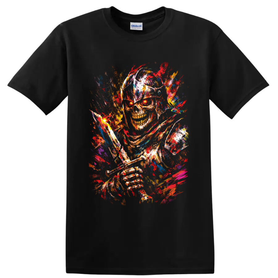Colorful paint splatter skull and skeleton horror illustration on a Black T Shirt