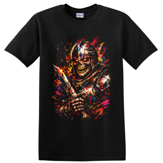 Colorful paint splatter skull and skeleton horror illustration on a Black T Shirt