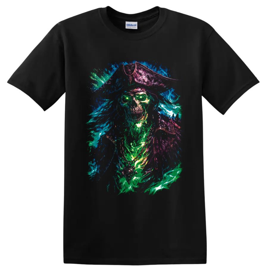 Neon undead pirate skull in a tricorn hat with glowing eyes and paint splashes on a Black T Shirt