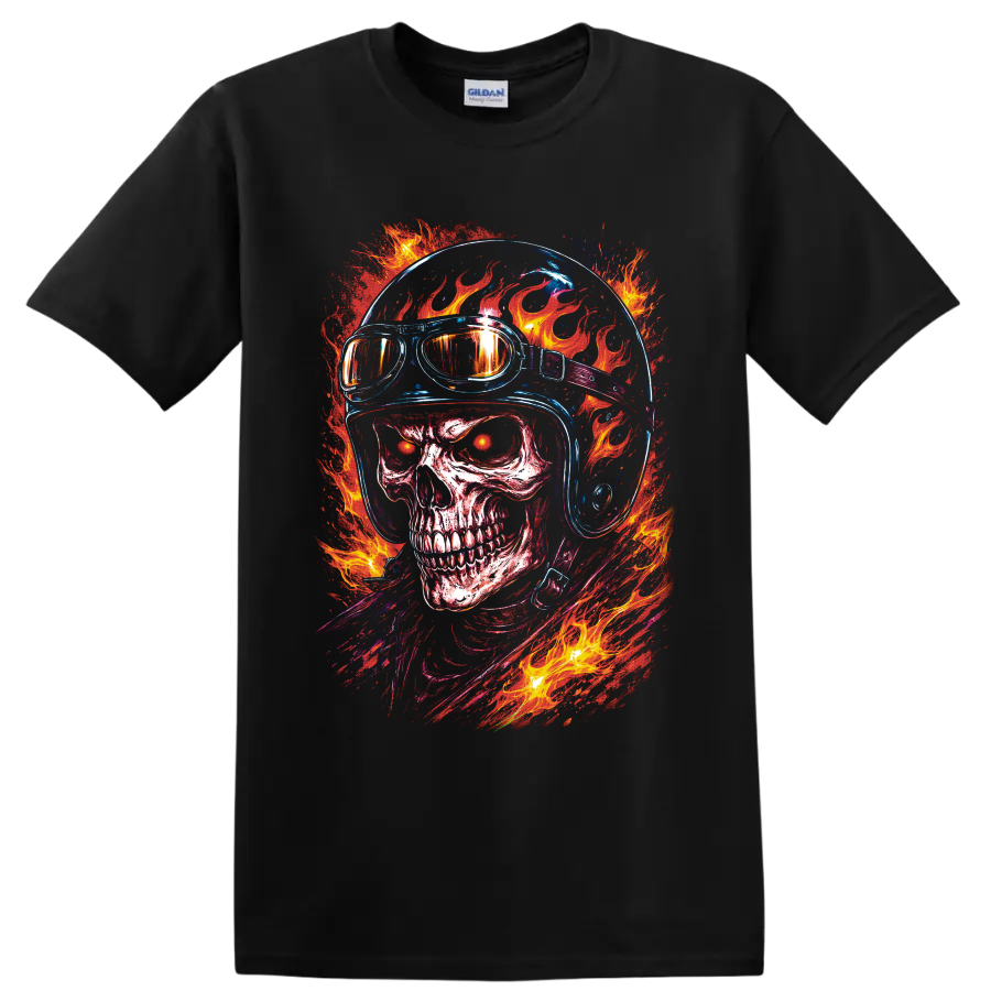 Flaming skull in motorcycle helmet and goggles with neon blue details and blazing fire on a Black T Shirt