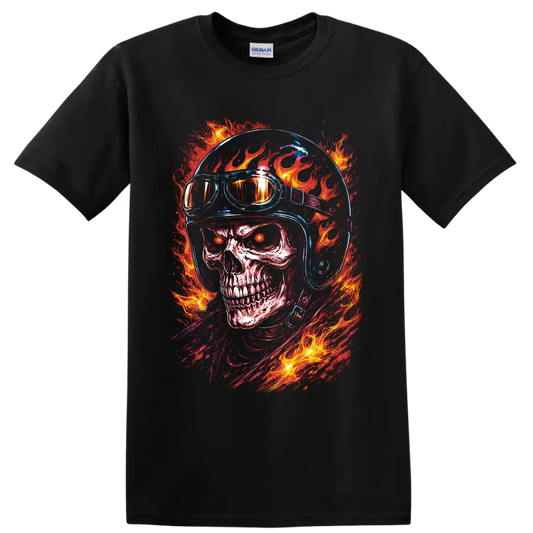 Flaming skull in motorcycle helmet and goggles with neon blue details and blazing fire on a Black T Shirt
