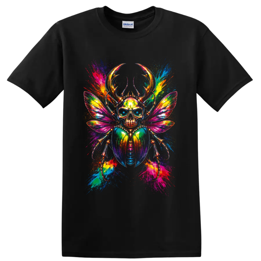 Psychedelic skull scarab beetle with rainbow wings and neon paint splatters on a Black T Shirt