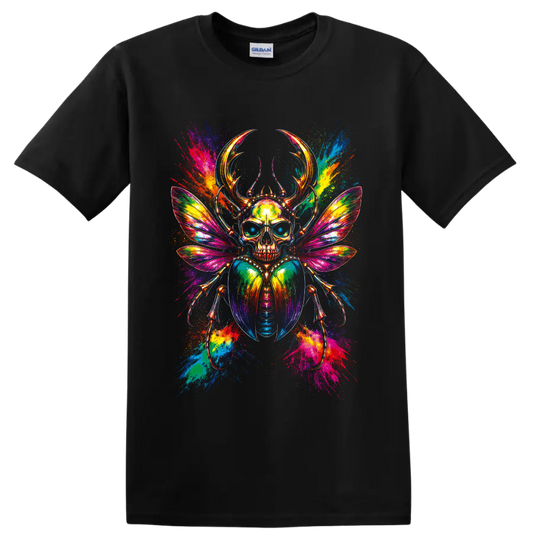 Psychedelic skull scarab beetle with rainbow wings and neon paint splatters on a Black T Shirt