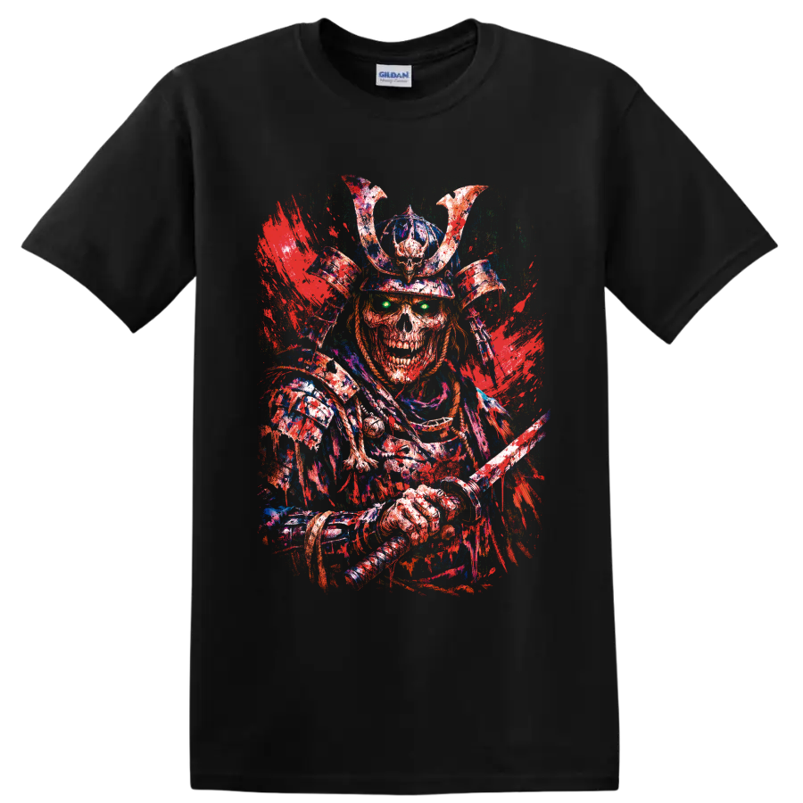 Distressed skeleton samurai warrior with horned helmet, katana, and glowing green eyes on a Black T Shirt