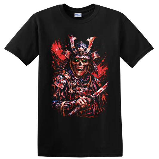 Distressed skeleton samurai warrior with horned helmet, katana, and glowing green eyes on a Black T Shirt