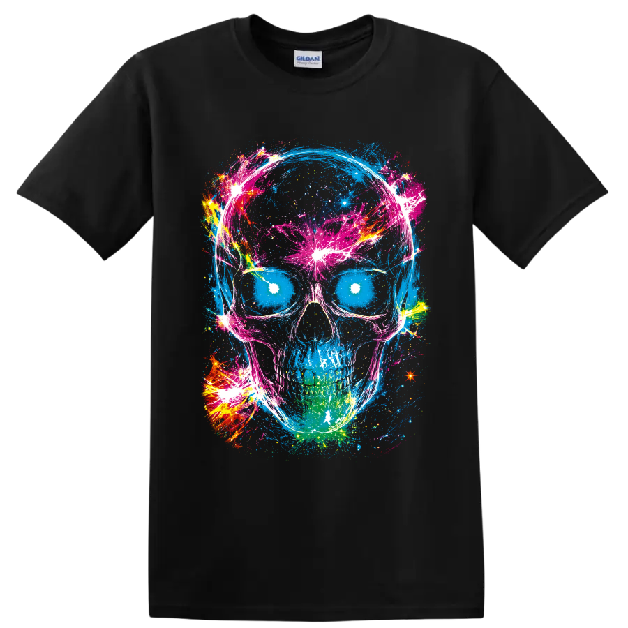 Neon blue skull with pink paint splatters, abstract brushstrokes, and bright bursts on a Black T Shirt