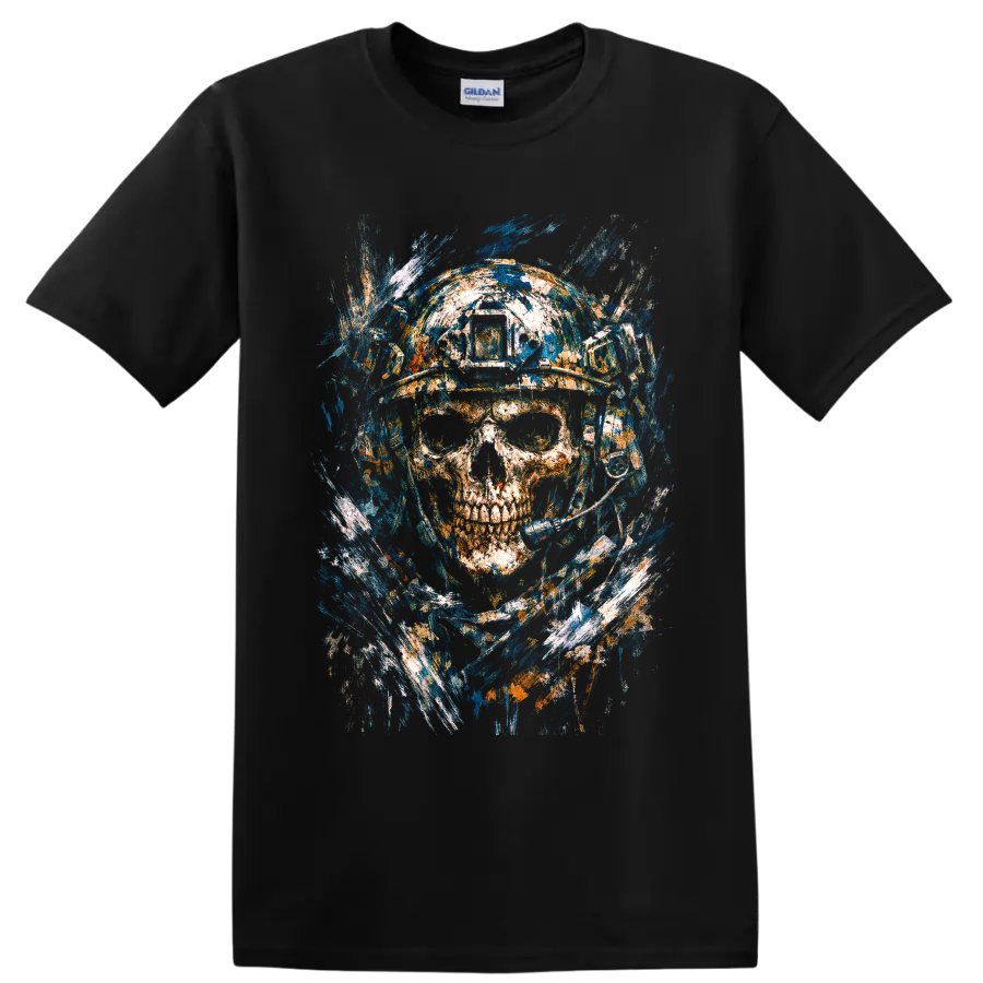 Distressed astronaut skull in a space helmet with blue and orange cosmic paint splashes on a Black T Shirt