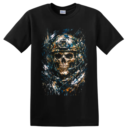 Distressed astronaut skull in a space helmet with blue and orange cosmic paint splashes on a Black T Shirt