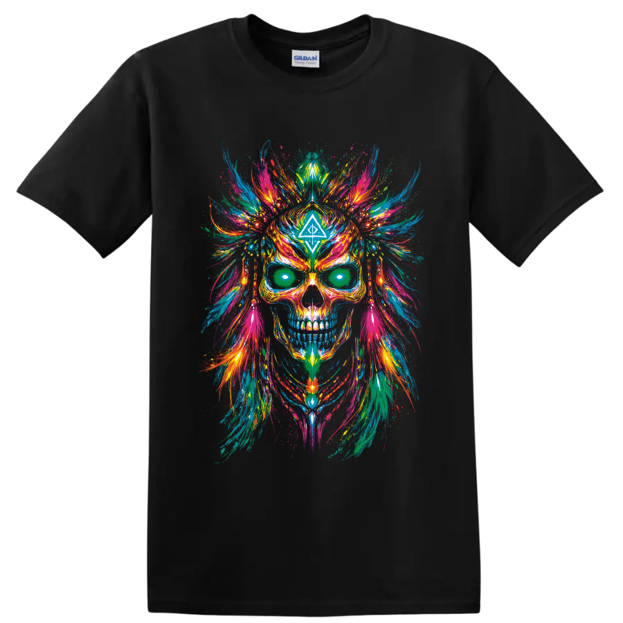 Psychedelic skull with colorful symmetrical paint splashes and geometric forehead symbol on a Black T Shirt