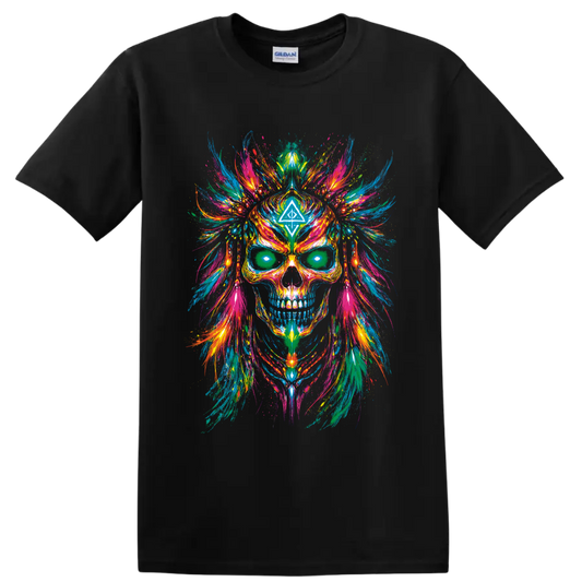 Psychedelic skull with colorful symmetrical paint splashes and geometric forehead symbol on a Black T Shirt