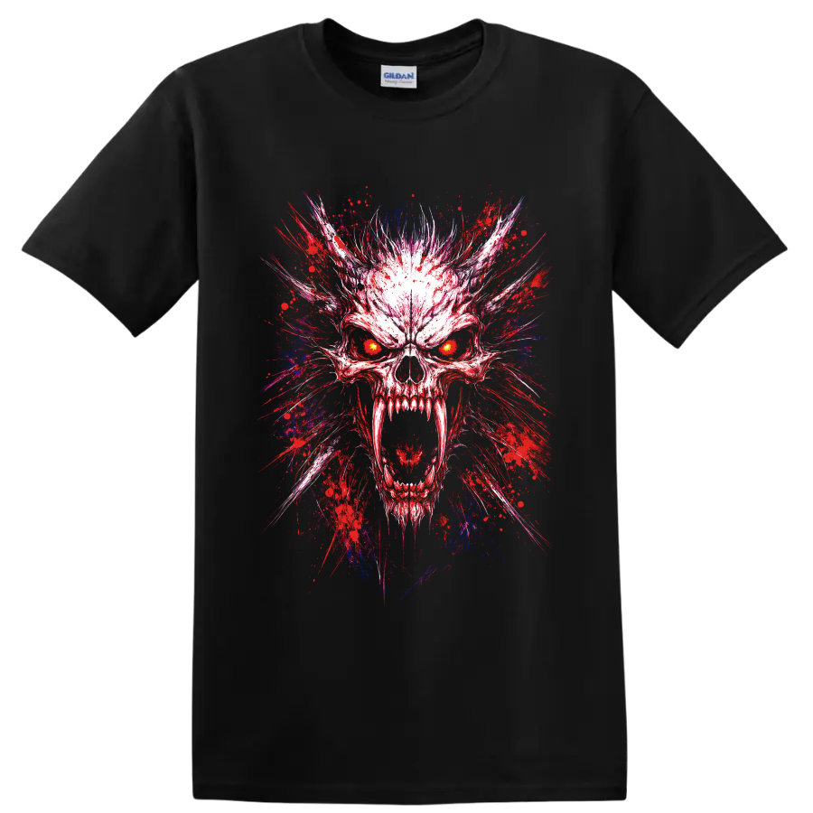 Demon skull illustration with glowing eyes and red, blue, and purple paint splatter on a Black T Shirt