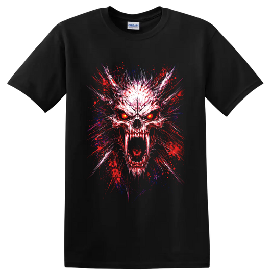 Demon skull illustration with glowing eyes and red, blue, and purple paint splatter on a Black T Shirt