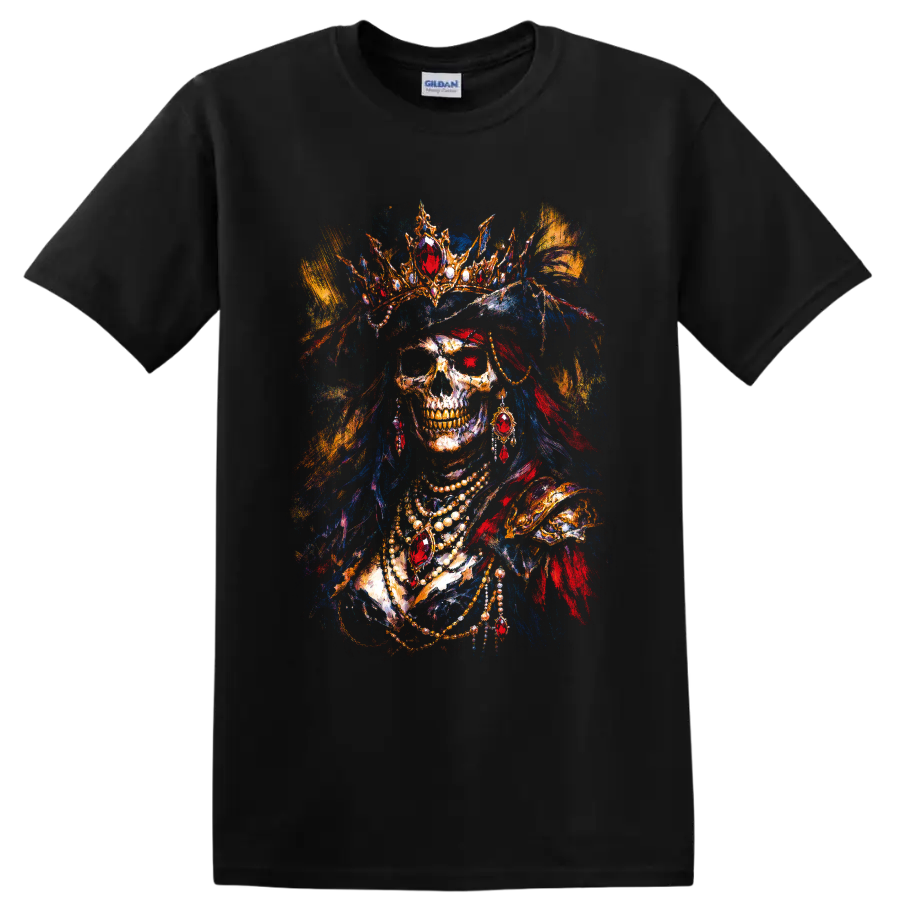 Gothic pirate queen skull portrait with jeweled crown, feathers, and necklaces on a Black T Shirt