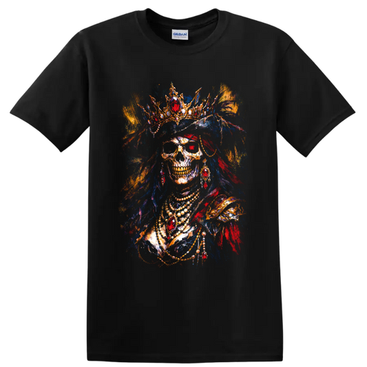 Gothic pirate queen skull portrait with jeweled crown, feathers, and necklaces on a Black T Shirt
