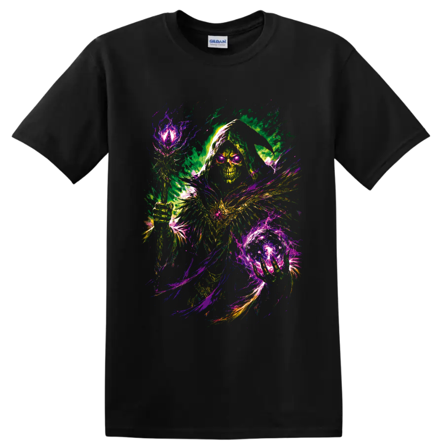 Neon Grim Reaper skull with glowing eyes and psychedelic magical energy on a Black T Shirt