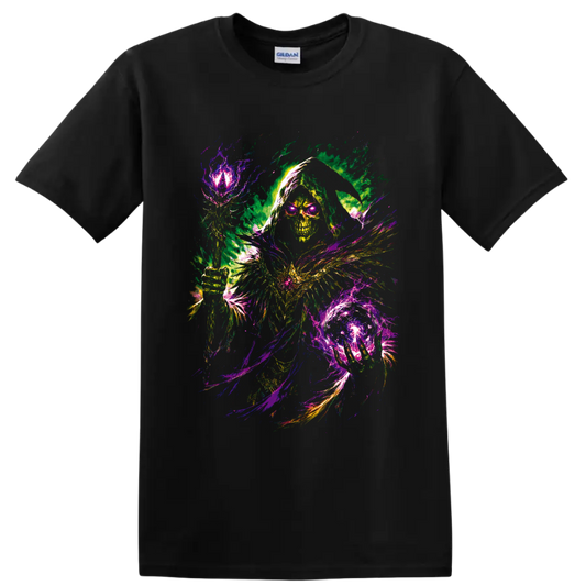 Neon Grim Reaper skull with glowing eyes and psychedelic magical energy on a Black T Shirt