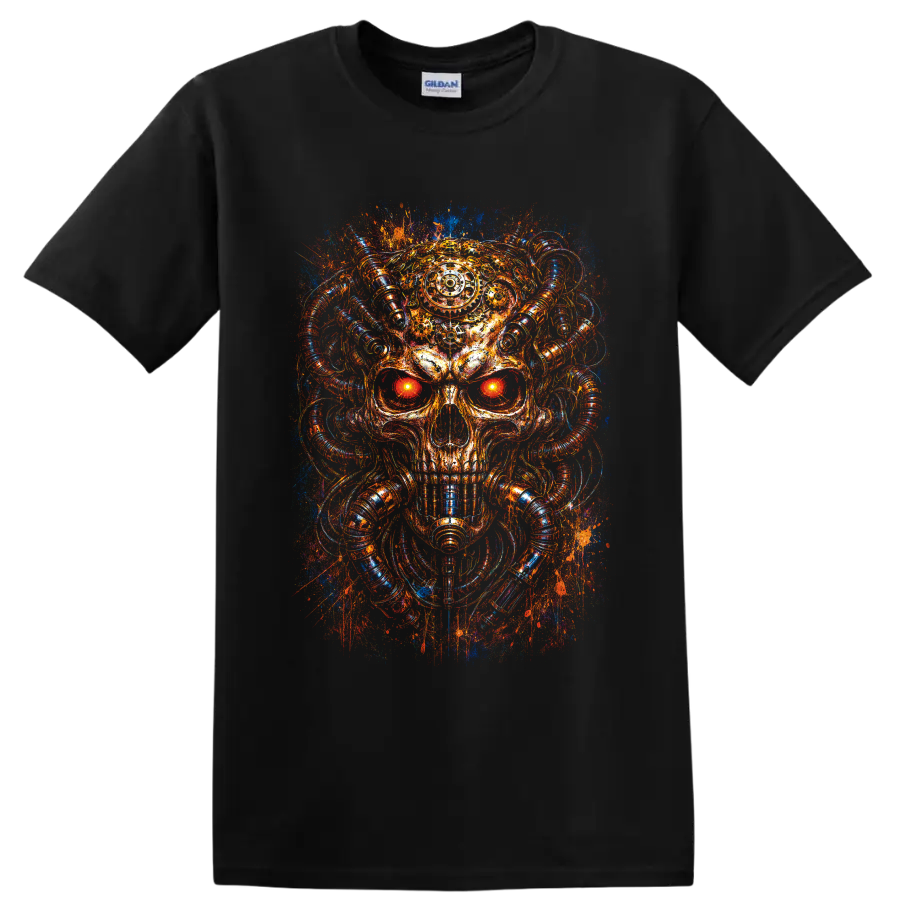 Cyberpunk mechanical skull with glowing eyes, tubes, and neon splatter art on a Black T Shirt