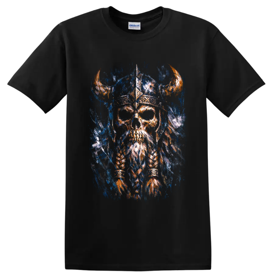 Painterly Viking-inspired skull warrior with horned helmet and braided beard on a Black T Shirt
