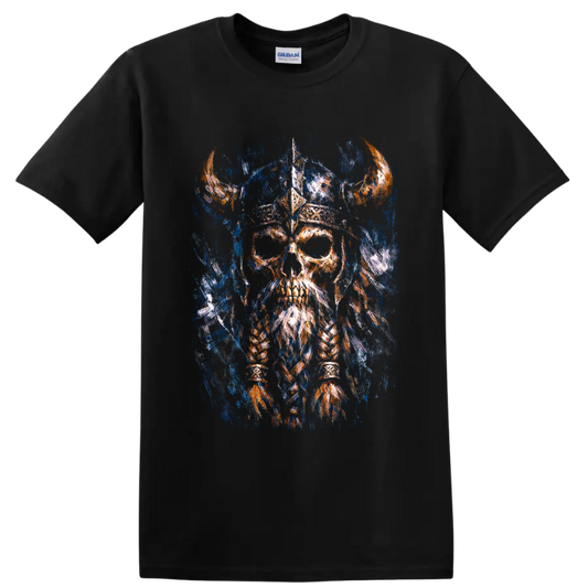 Painterly Viking-inspired skull warrior with horned helmet and braided beard on a Black T Shirt