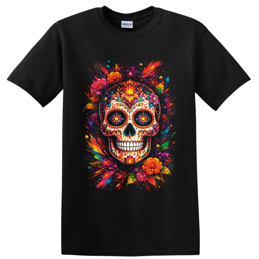 Colorful floral sugar skull illustration with vivid paint splashes and blossoms on a Black T Shirt