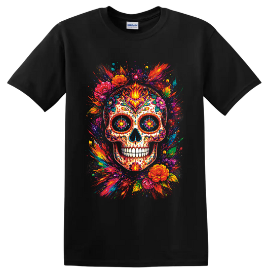 Colorful floral sugar skull illustration with vivid paint splashes and blossoms on a Black T Shirt