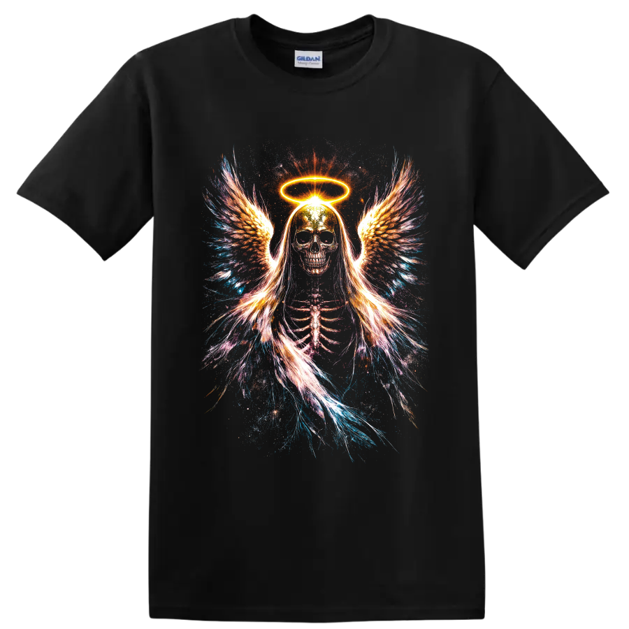 Neon angel skeleton with glowing halo, feathered wings, and splatter art on a Black T Shirt