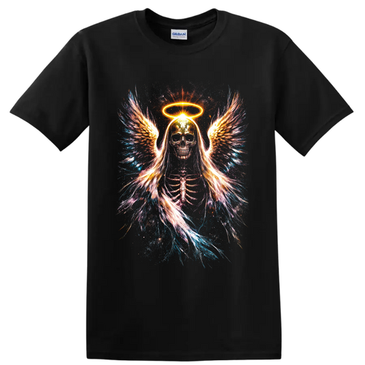 Neon angel skeleton with glowing halo, feathered wings, and splatter art on a Black T Shirt
