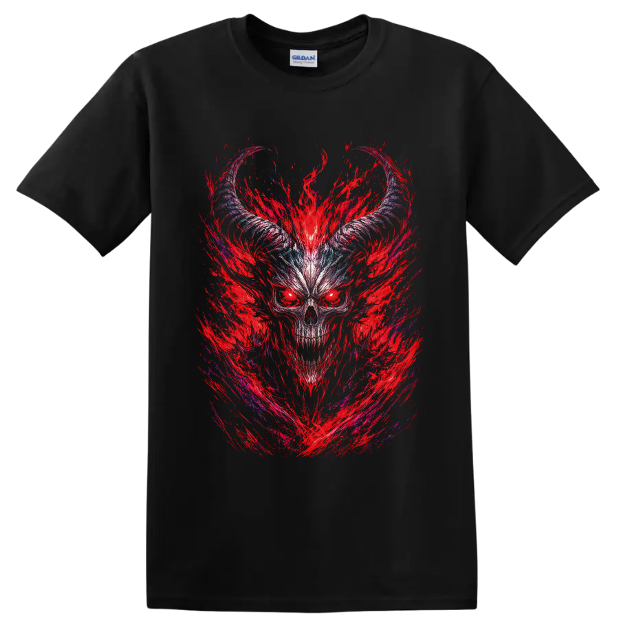Horned demonic skull with crimson flame strokes and icy blue gothic linework on a Black T Shirt