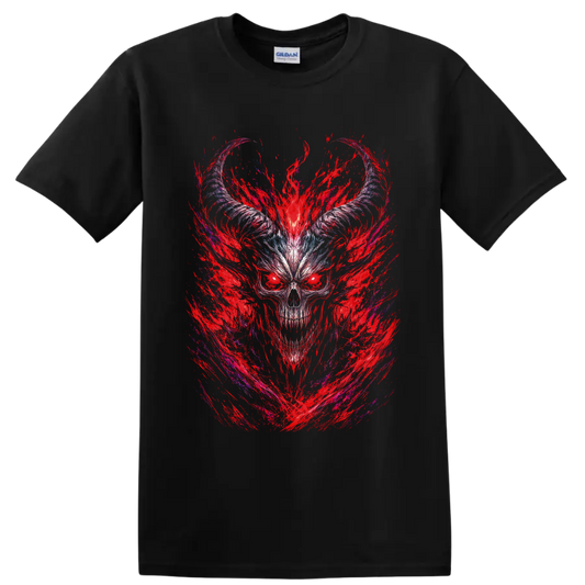 Horned demonic skull with crimson flame strokes and icy blue gothic linework on a Black T Shirt
