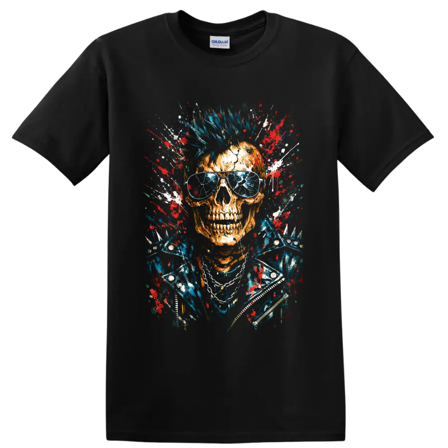 Punk skull with blue mohawk, aviator sunglasses, studded jacket, and paint splatter on a Black T Shirt