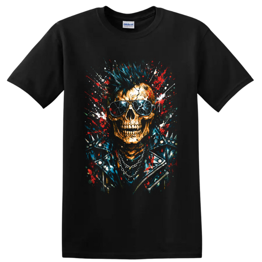 Punk skull with blue mohawk, aviator sunglasses, studded jacket, and paint splatter on a Black T Shirt