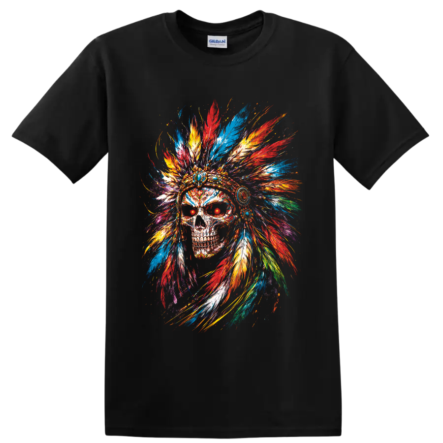 Colorful skull with jeweled feather headdress in vivid painterly splatter art on a Black T Shirt