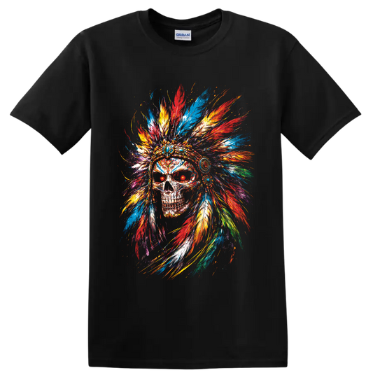 Colorful skull with jeweled feather headdress in vivid painterly splatter art on a Black T Shirt