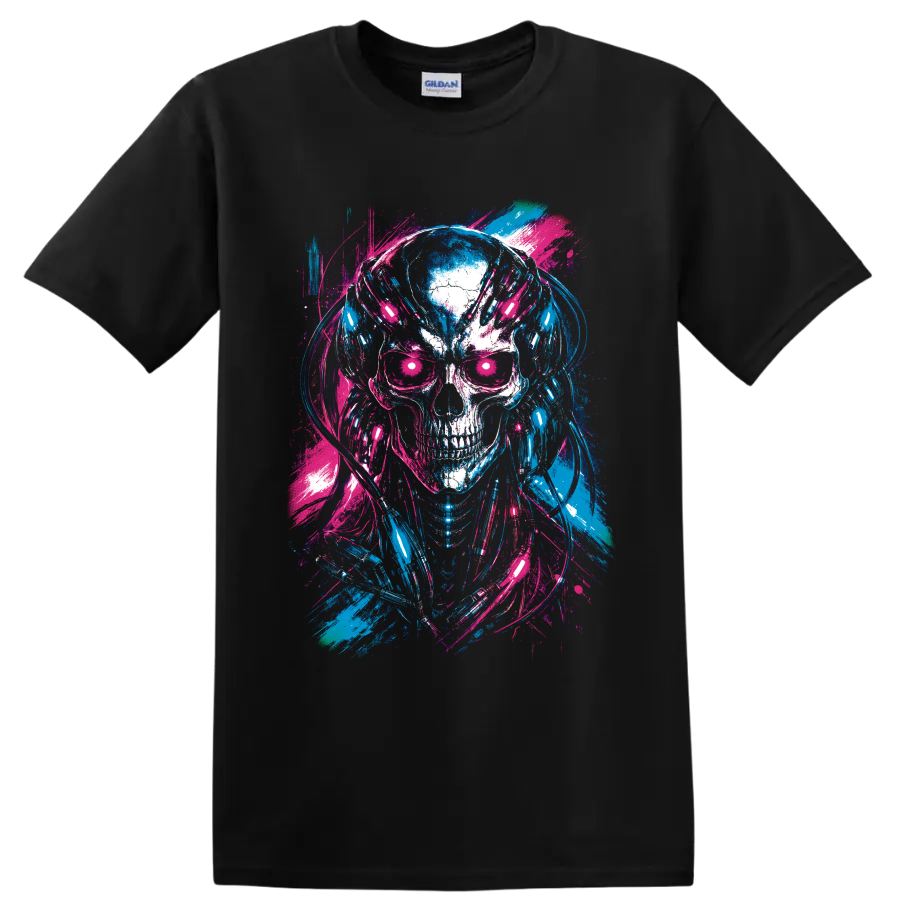 Neon cyberpunk skull wearing headphones in blue and pink distressed paint-splash art on a Black T Shirt