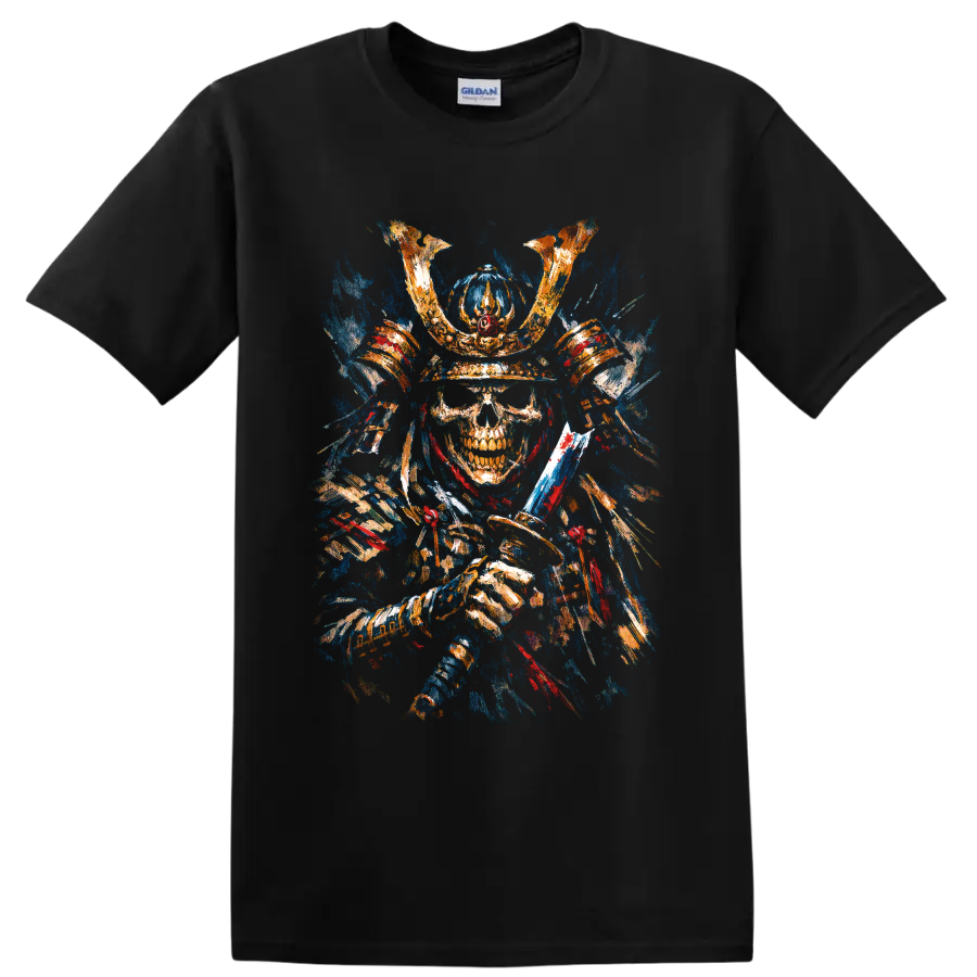 Painterly samurai skeleton in horned armor holding a katana on a Black T Shirt