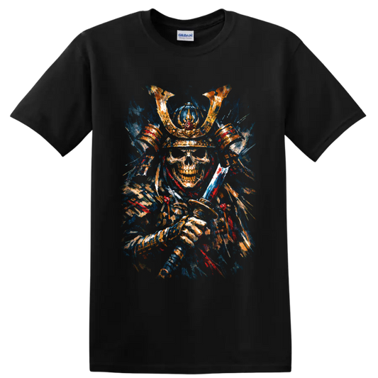 Painterly samurai skeleton in horned armor holding a katana on a Black T Shirt
