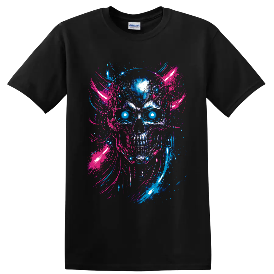 Neon cyberpunk skull with glowing cyan eyes and blue pink paint brushstrokes on a Black T Shirt