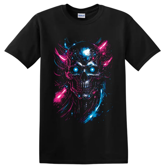 Neon cyberpunk skull with glowing cyan eyes and blue pink paint brushstrokes on a Black T Shirt