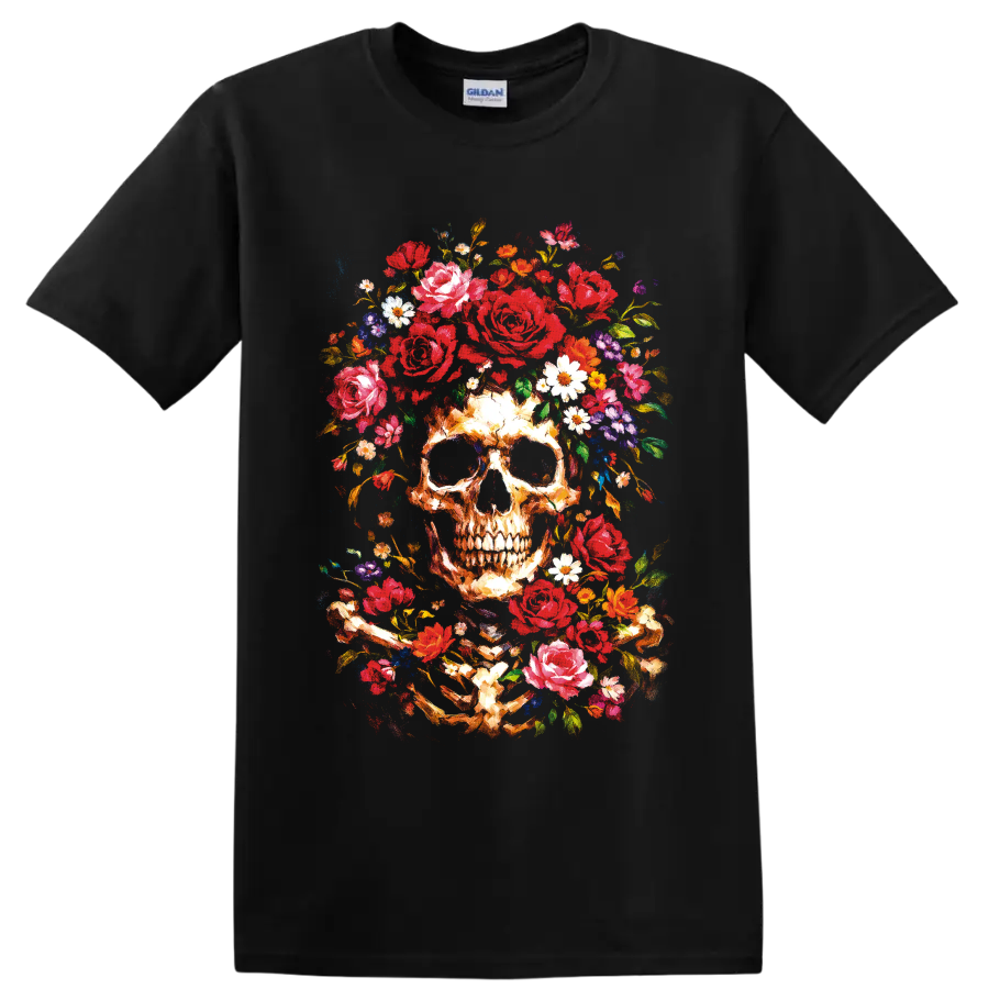 Painterly ivory skull surrounded by red roses, colorful wildflowers, and golden stems on a Black T Shirt