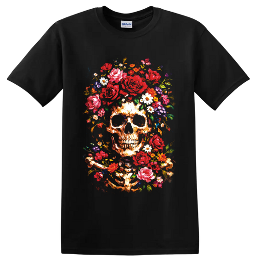 Painterly ivory skull surrounded by red roses, colorful wildflowers, and golden stems on a Black T Shirt
