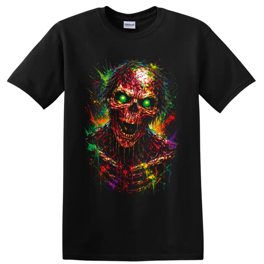 Neon zombie skull illustration with glowing green eyes and multicolor paint splatters on a Black T Shirt
