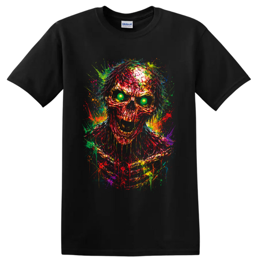 Neon zombie skull illustration with glowing green eyes and multicolor paint splatters on a Black T Shirt