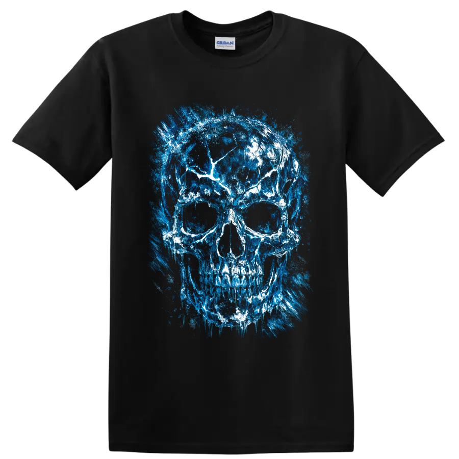Distressed blue and white skull illustration with painterly grunge splatter texture on a Black T Shirt