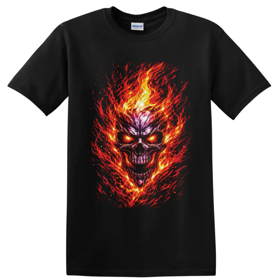 Flaming skull illustration with glowing yellow eyes and fiery red brushstrokes on a Black T Shirt