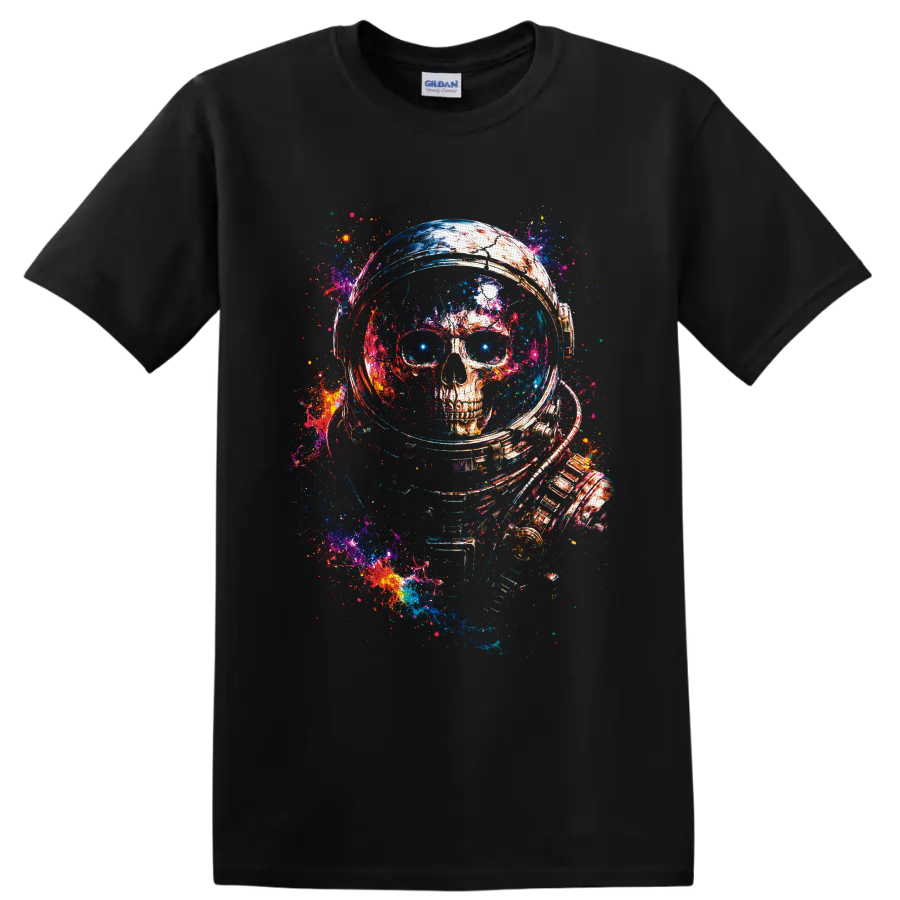 Astronaut skull in a space helmet with vivid galaxy paint-splatter art on a Black T Shirt